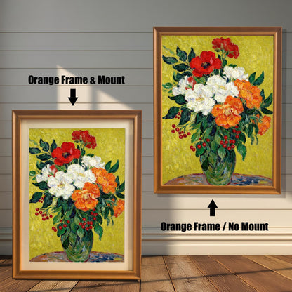 A painting of red, white, and orange flowers in an orange frame, shown with and without a white mat, displayed against a rustic wood-paneled wall.