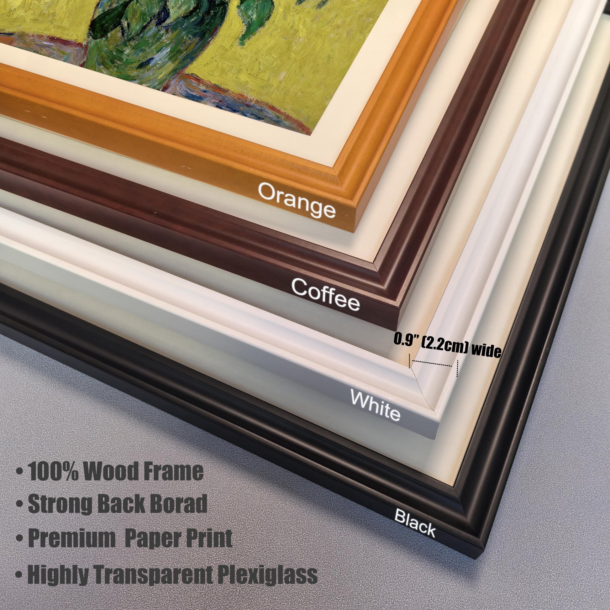 A close-up of four different wood frame corners in orange, coffee, white, and black, with a ruler showing the frame's width is 0.9 inches.