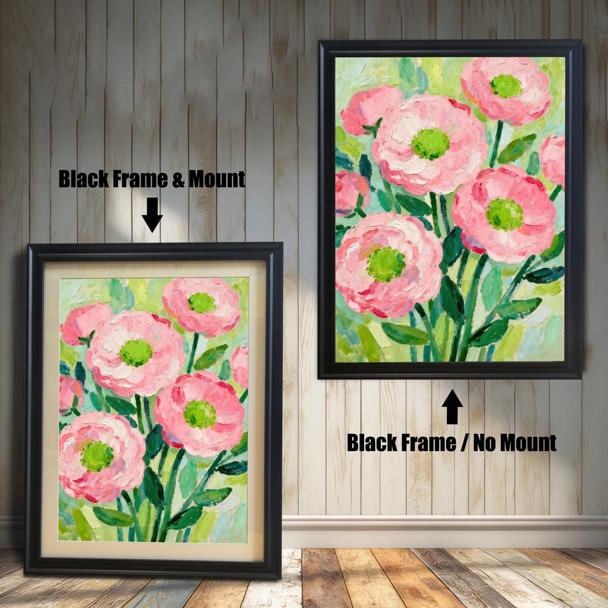 A painting of pink flowers in a black frame, shown with and without a white mat, displayed against a rustic wood-paneled wall.