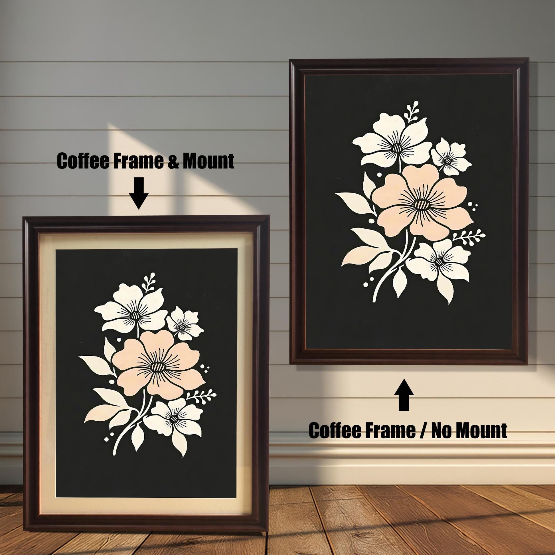 A framed floral art print with a coffee-colored frame, shown both with and without a mount, displayed against a rustic wood-paneled wall.