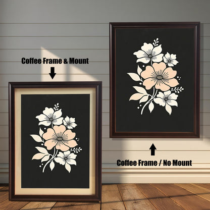 A framed floral art print with a coffee-colored frame, shown both with and without a mount, displayed against a rustic wood-paneled wall.