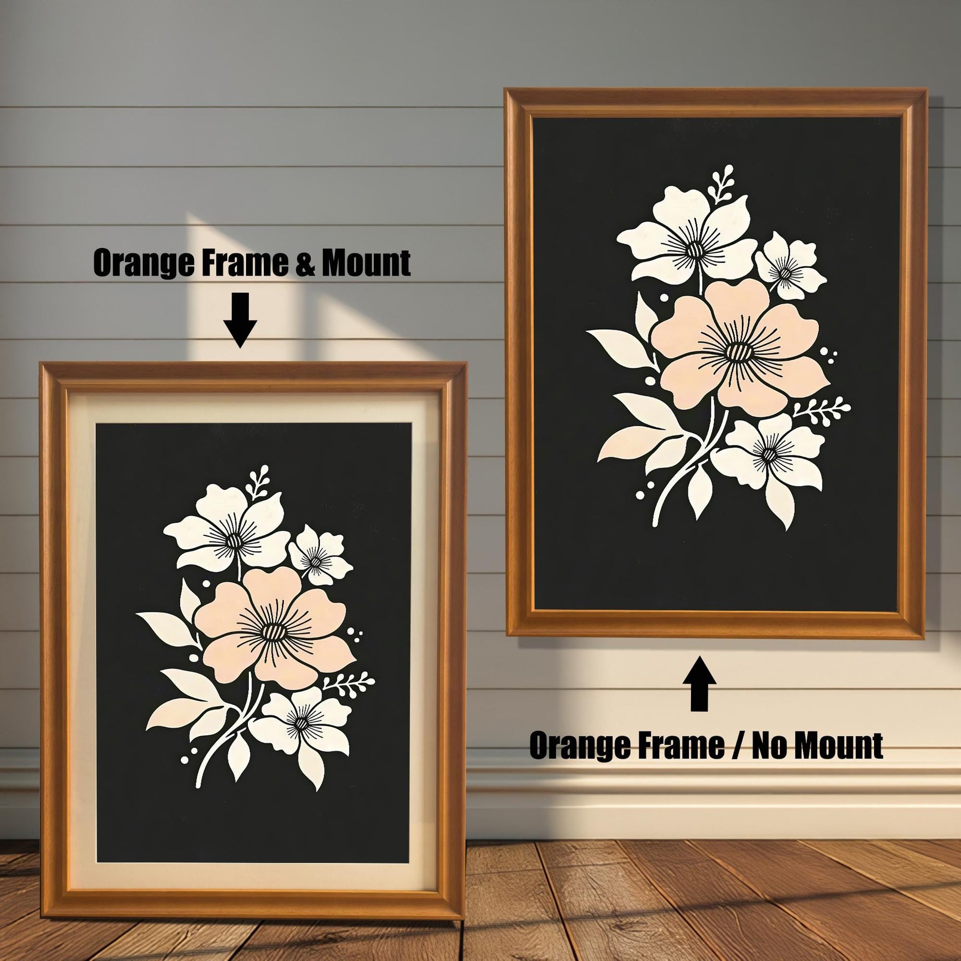 A framed floral art print with an orange-colored frame, shown both with and without a mount, displayed against a rustic wood-paneled wall.