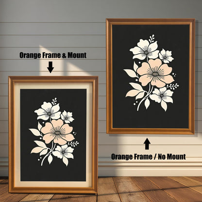 A framed floral art print with an orange-colored frame, shown both with and without a mount, displayed against a rustic wood-paneled wall.