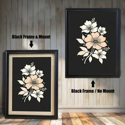 A framed floral art print with a black frame, shown both with and without a mount, displayed against a rustic wood-paneled wall.