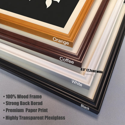 A close-up of four different wood frame corners in orange, coffee, white, and black, with a ruler showing the frame's width is 0.9 inches.