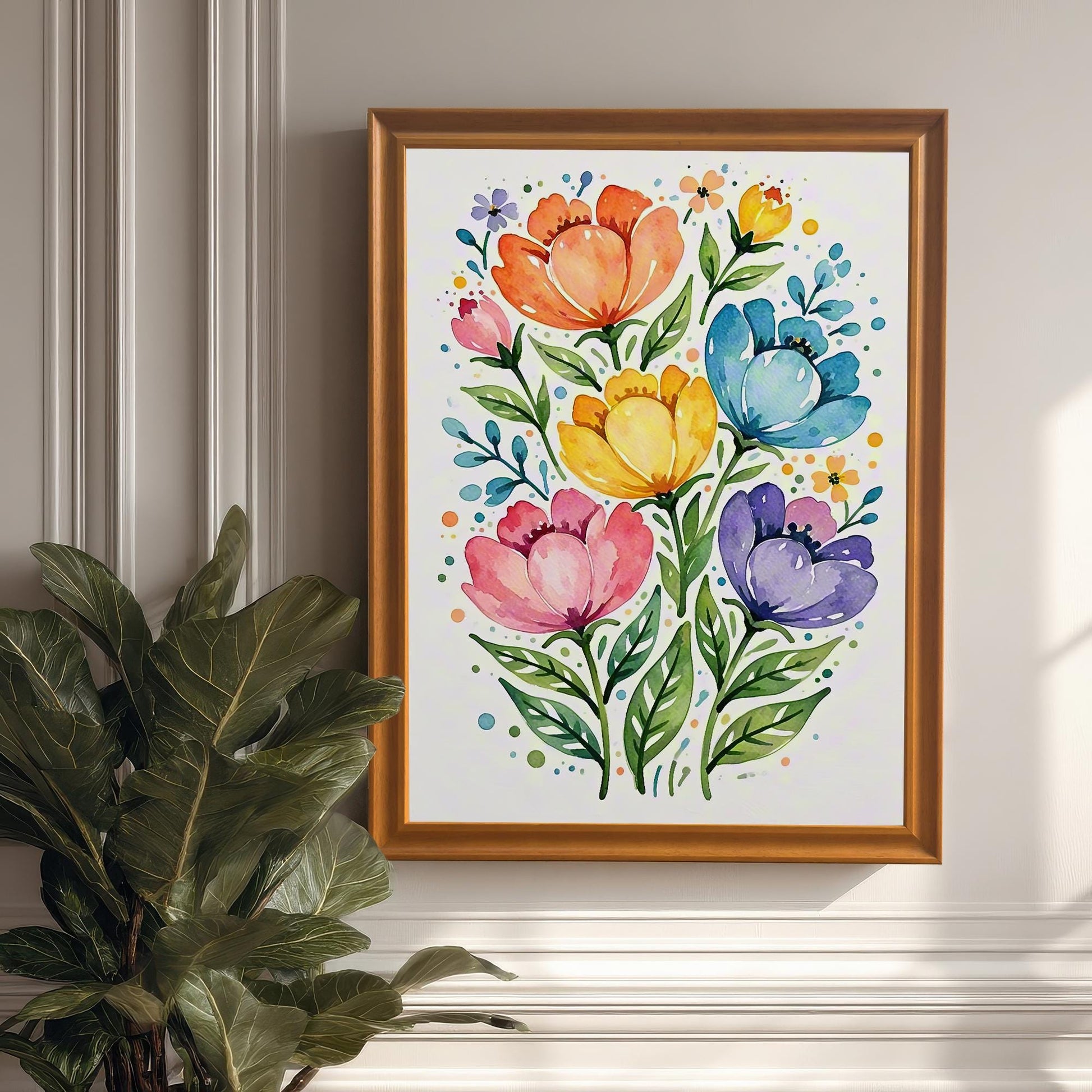 A vibrant floral print with blue, yellow, pink, orange, and purple flowers in an orange frame hanging on a white wall with a large potted plant on the left.
