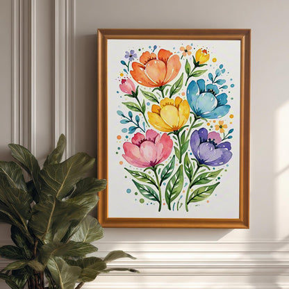 A vibrant floral print with blue, yellow, pink, orange, and purple flowers in an orange frame hanging on a white wall with a large potted plant on the left.