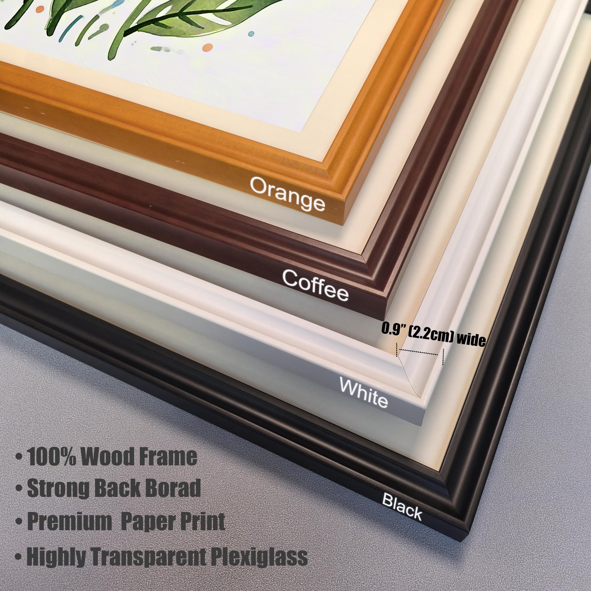 A close-up of four frame corners: orange, coffee, white, and black. Details about the 100% wood frame, strong backboard, and highly transparent plexiglass are listed.
