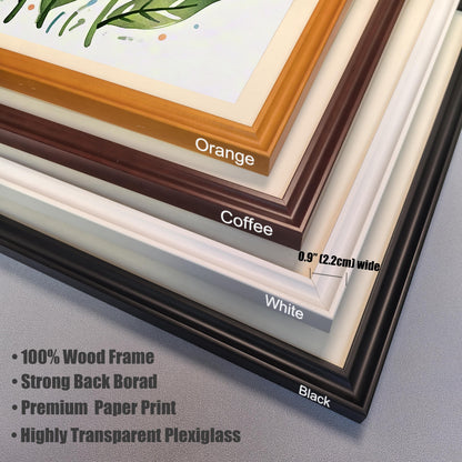 A close-up of four frame corners: orange, coffee, white, and black. Details about the 100% wood frame, strong backboard, and highly transparent plexiglass are listed.