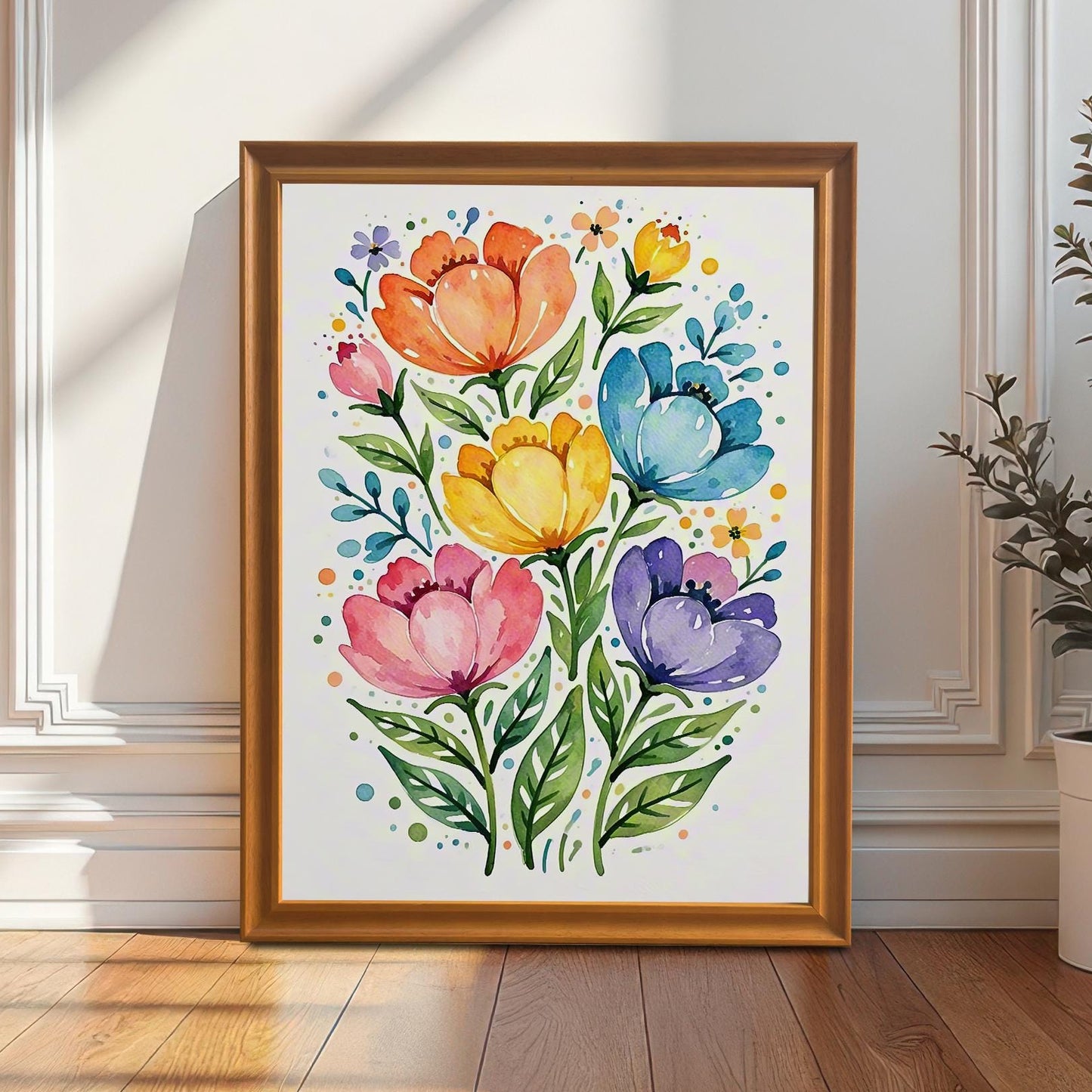 A bright, colorful floral print with blue, yellow, pink, orange, and purple flowers in an orange frame leaning against a white wainscoted wall with a plant beside it.