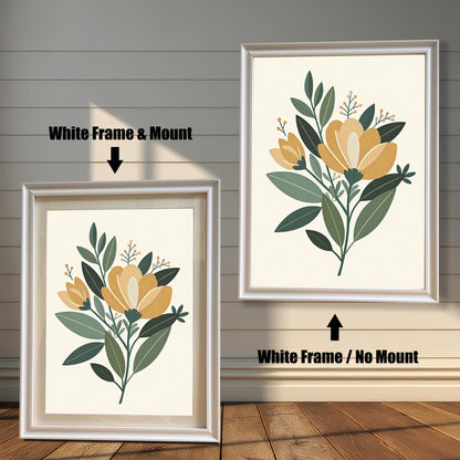 Two framed floral art prints side-by-side. The left print has a white frame and white matboard. The right print has a white frame with no matboard.