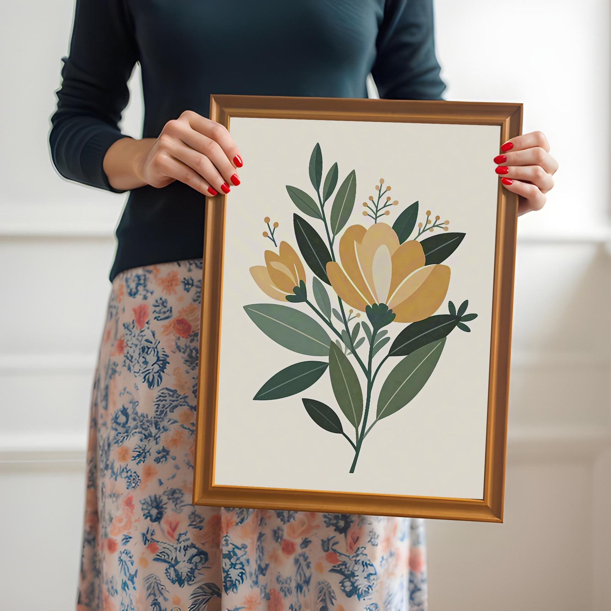 A person holds a framed floral art print. The person wears a dark blue shirt and a floral skirt, and has red nail polish. The frame is a light brown, orange-toned wood.