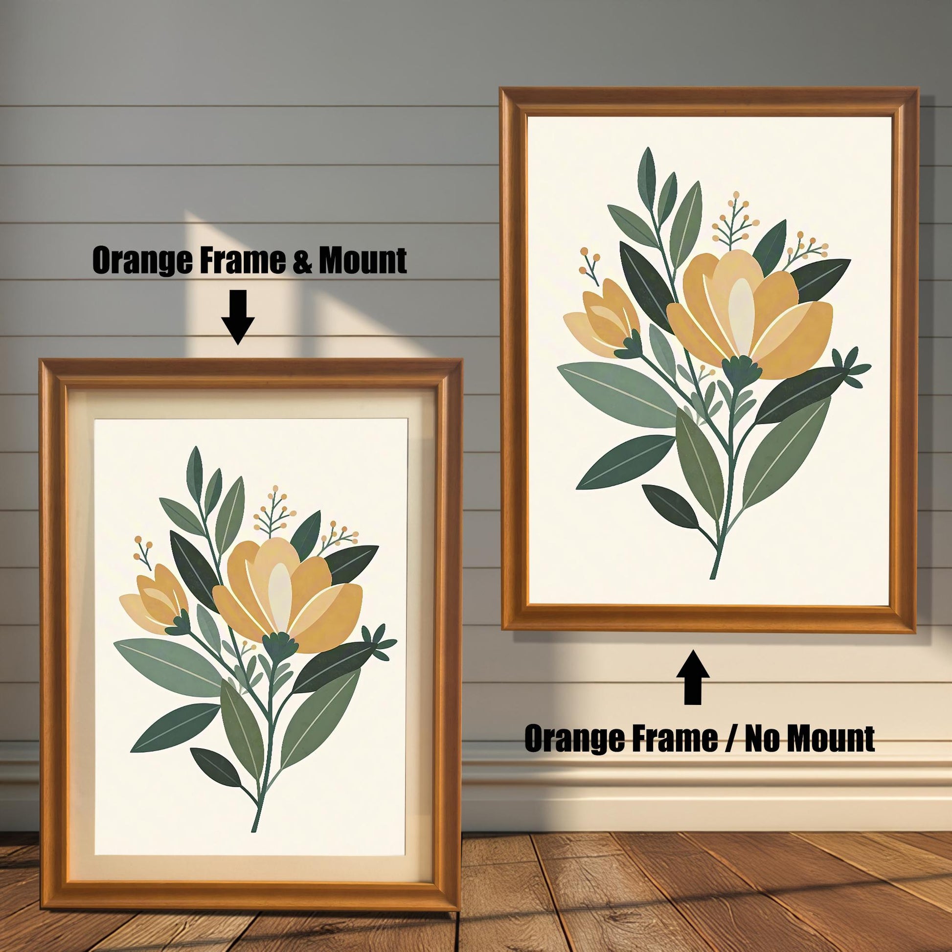 Two framed floral art prints side-by-side. The left print has an orange-toned wood frame and white matboard. The right print has an orange frame with no matboard.