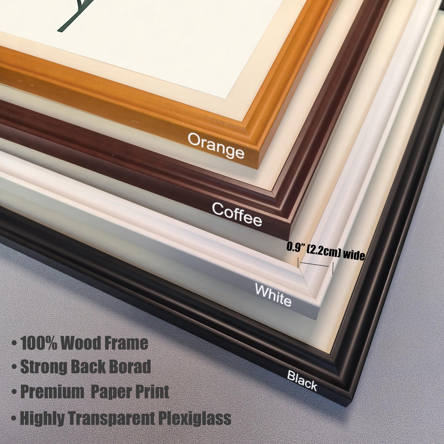 A close-up of four different wood frame corners in orange, coffee, white, and black. A ruler indicates the frame width is 0.9 inches.
