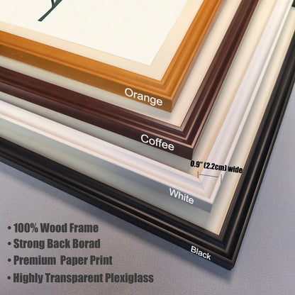A close-up of four different wood frame corners in orange, coffee, white, and black. A ruler indicates the frame width is 0.9 inches.