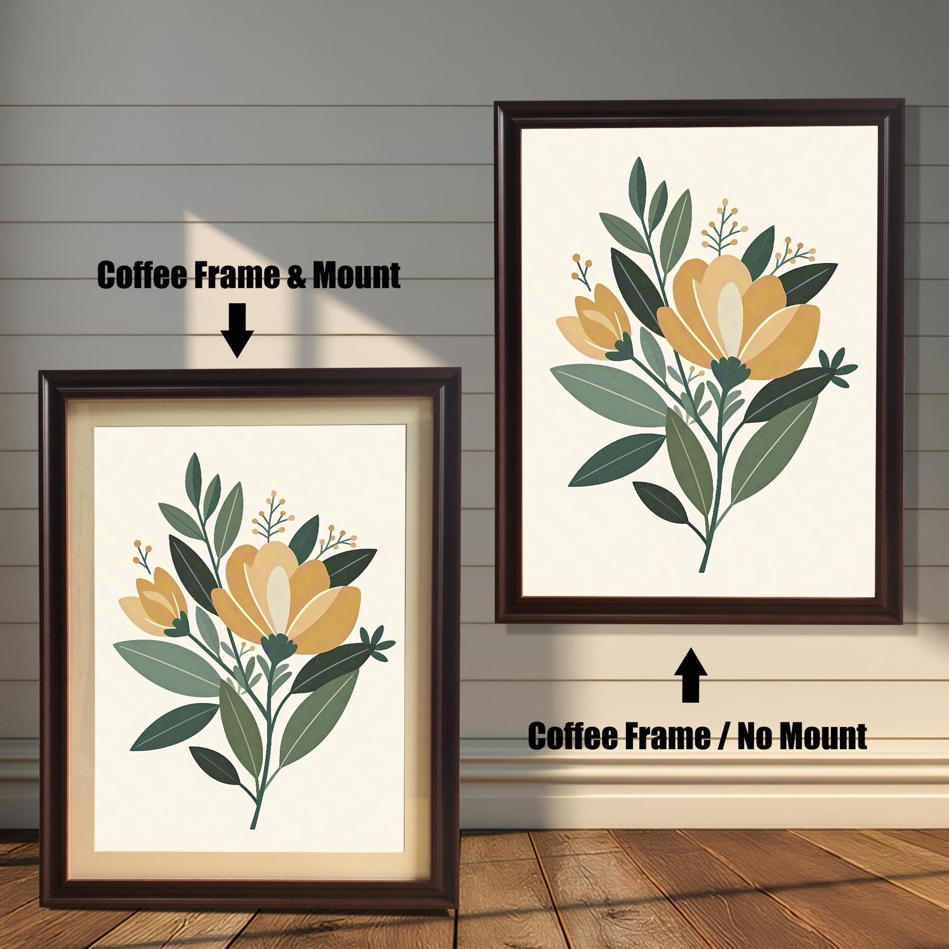 Two framed floral art prints side-by-side. The left print has a dark brown, coffee-colored frame and white matboard. The right print has a coffee-colored frame with no matboard.