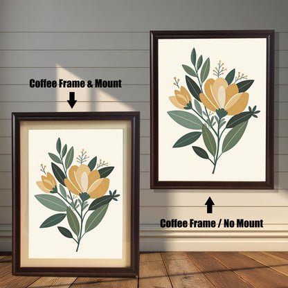 Two framed floral art prints side-by-side. The left print has a dark brown, coffee-colored frame and white matboard. The right print has a coffee-colored frame with no matboard.