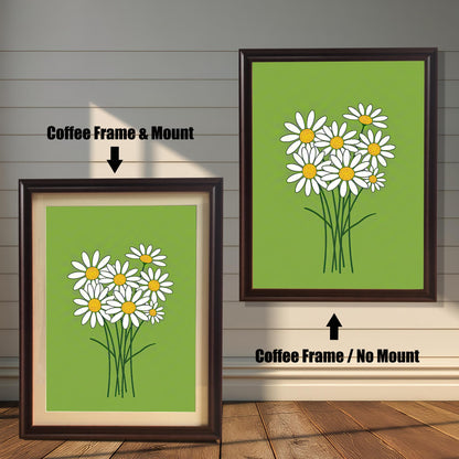 Two framed prints of a bunch of daisies on a green background. The left print has a coffee-colored frame with a mount, and the right has the same frame without a mount.