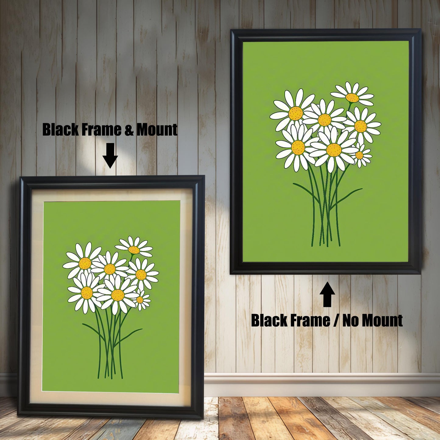 Two framed prints of a bunch of daisies on a green background. The left print has a coffee-colored frame with a mount, and the right has the same frame without a mount.
