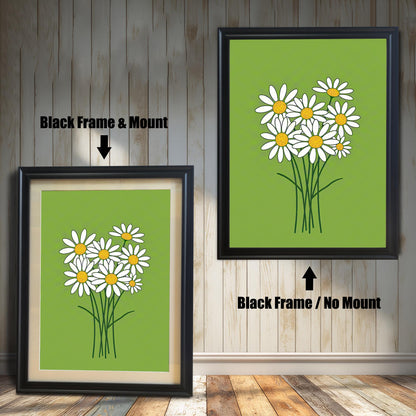Two framed prints of a bunch of daisies on a green background. The left print has a coffee-colored frame with a mount, and the right has the same frame without a mount.