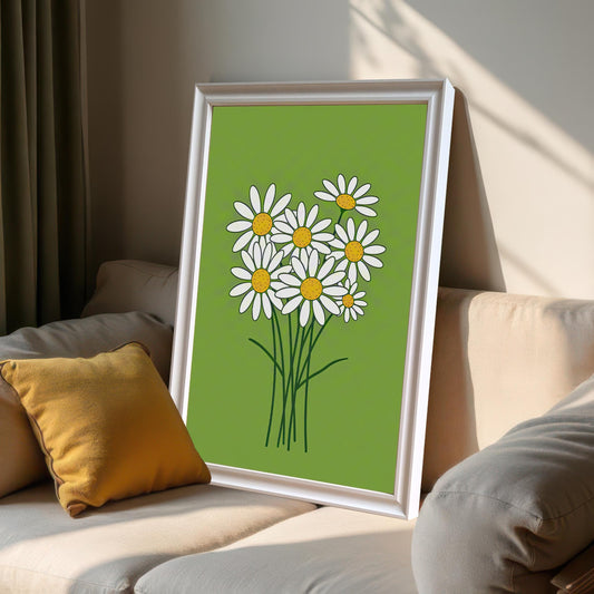 A framed print of a bunch of white daisies on a lime green background, leaning on a light-colored couch next to a yellow pillow.