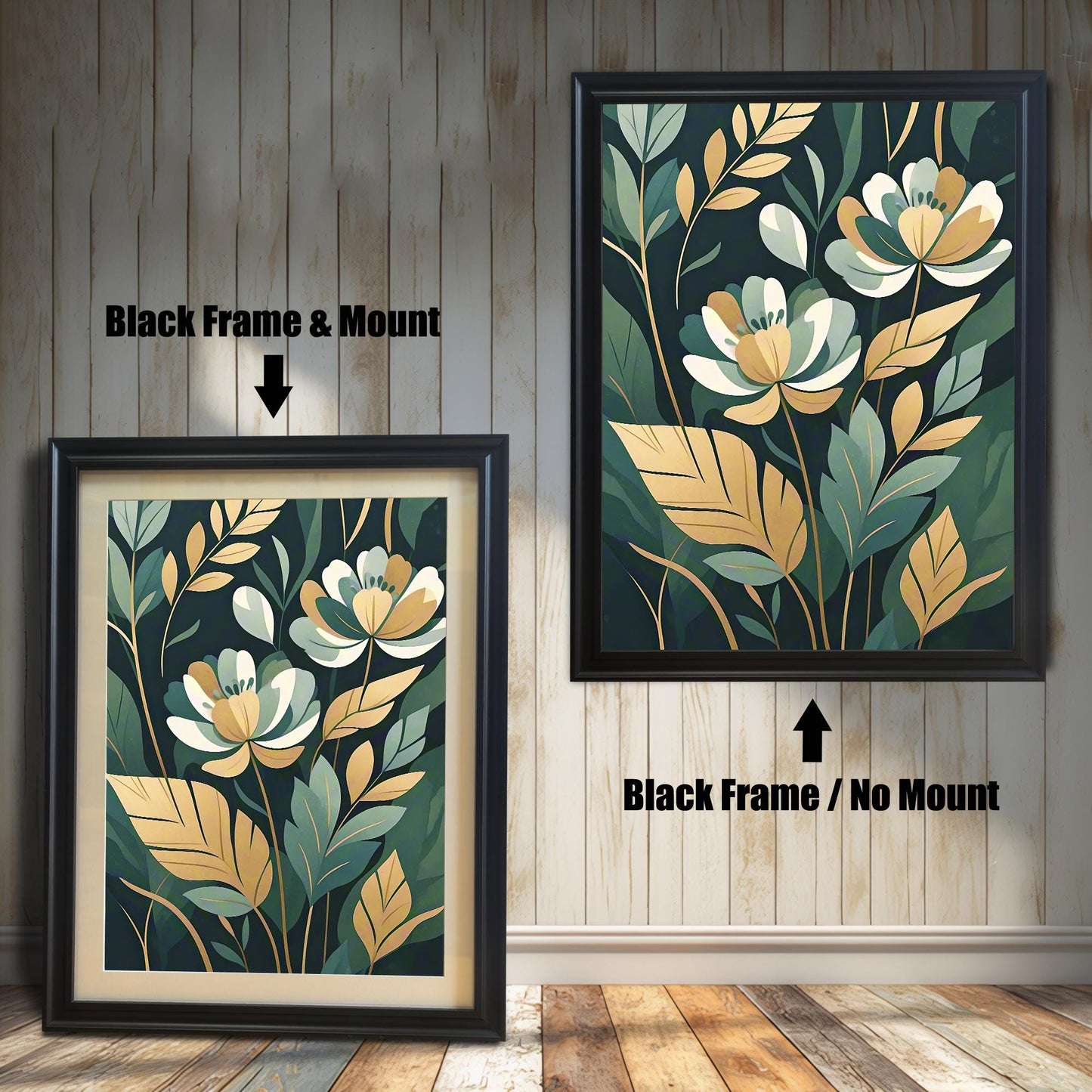 Two framed prints of white and gold flowers. The print on the left has a black frame with a mount, and the one on the right has a black frame with no mount.
