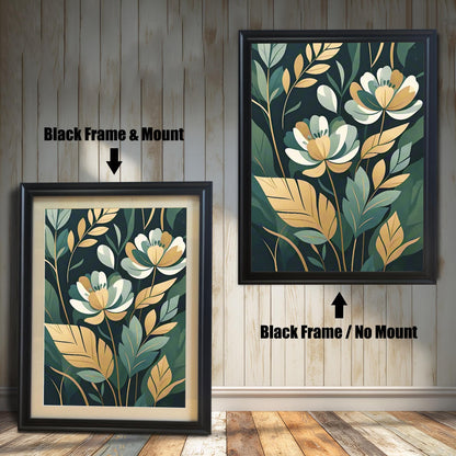 Two framed prints of white and gold flowers. The print on the left has a black frame with a mount, and the one on the right has a black frame with no mount.