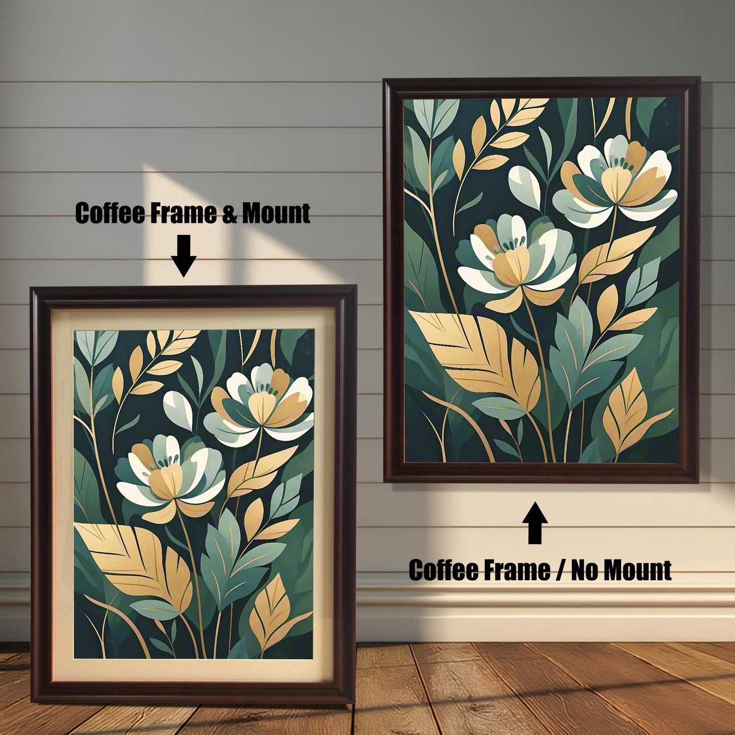 Two framed prints of white and gold flowers. The print on the left has a coffee-colored frame with a mount, and the one on the right has a coffee-colored frame with no mount.