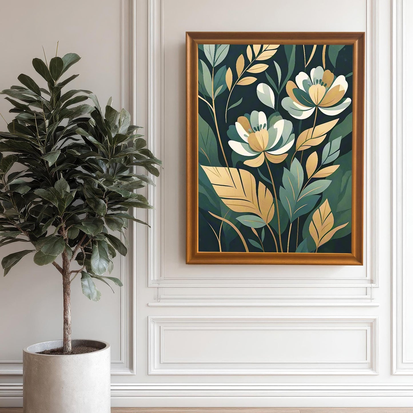 A framed print of white and gold flowers with green leaves hanging on a white paneled wall next to a large potted plant.