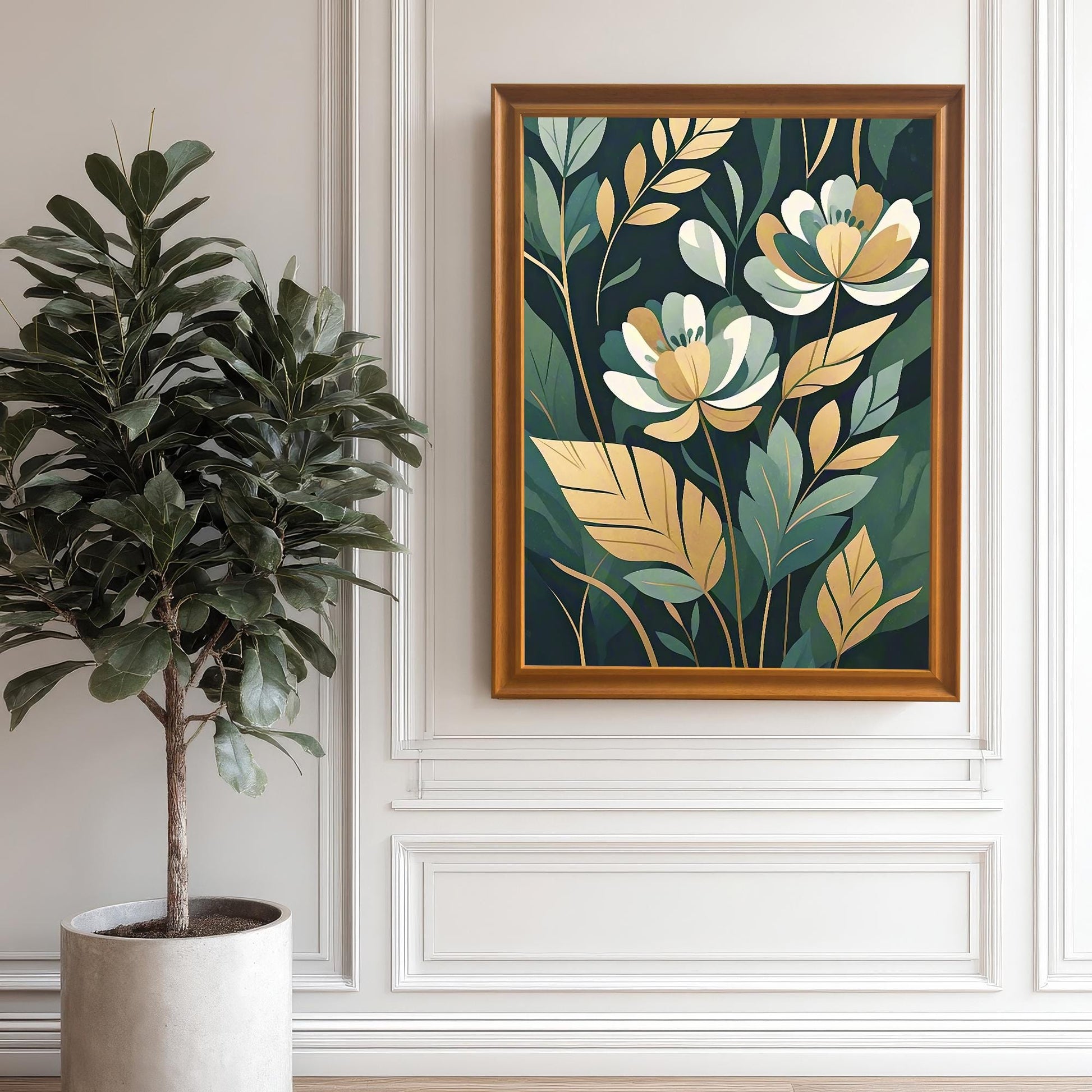 A framed print of white and gold flowers with green leaves hanging on a white paneled wall next to a large potted plant.