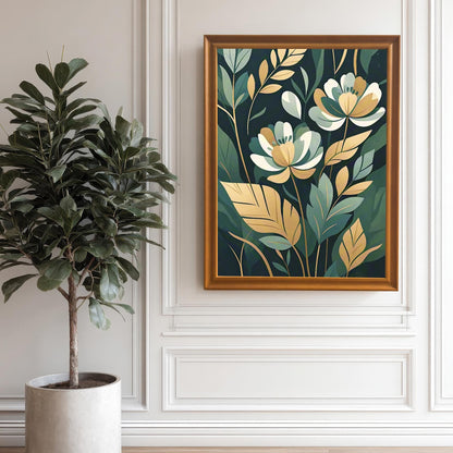 A framed print of white and gold flowers with green leaves hanging on a white paneled wall next to a large potted plant.