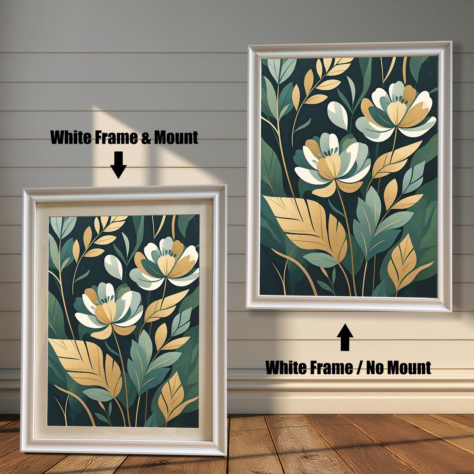 Two framed prints of white and gold flowers. The print on the left has a white frame with a mount, and the one on the right has a white frame with no mount.