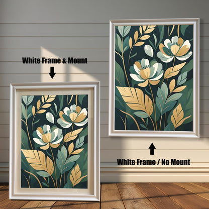 Two framed prints of white and gold flowers. The print on the left has a white frame with a mount, and the one on the right has a white frame with no mount.