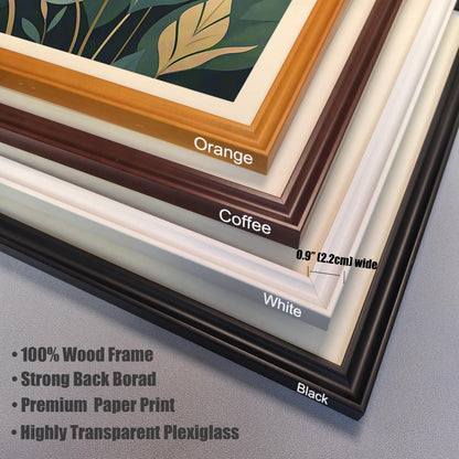 A close-up view of four frame corners in orange, coffee, white, and black, with text describing the frames as "100% Wood Frame" and having "Highly Transparent Plexiglass."