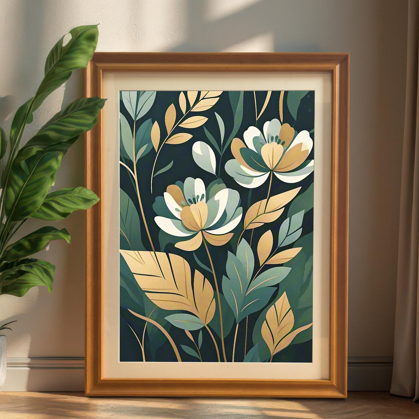 A framed print of white and gold flowers with green leaves on a dark background, leaning against a wall next to a houseplant.