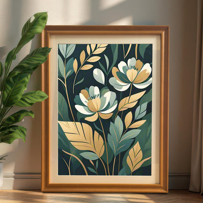 A framed print of white and gold flowers with green leaves on a dark background, leaning against a wall next to a houseplant.