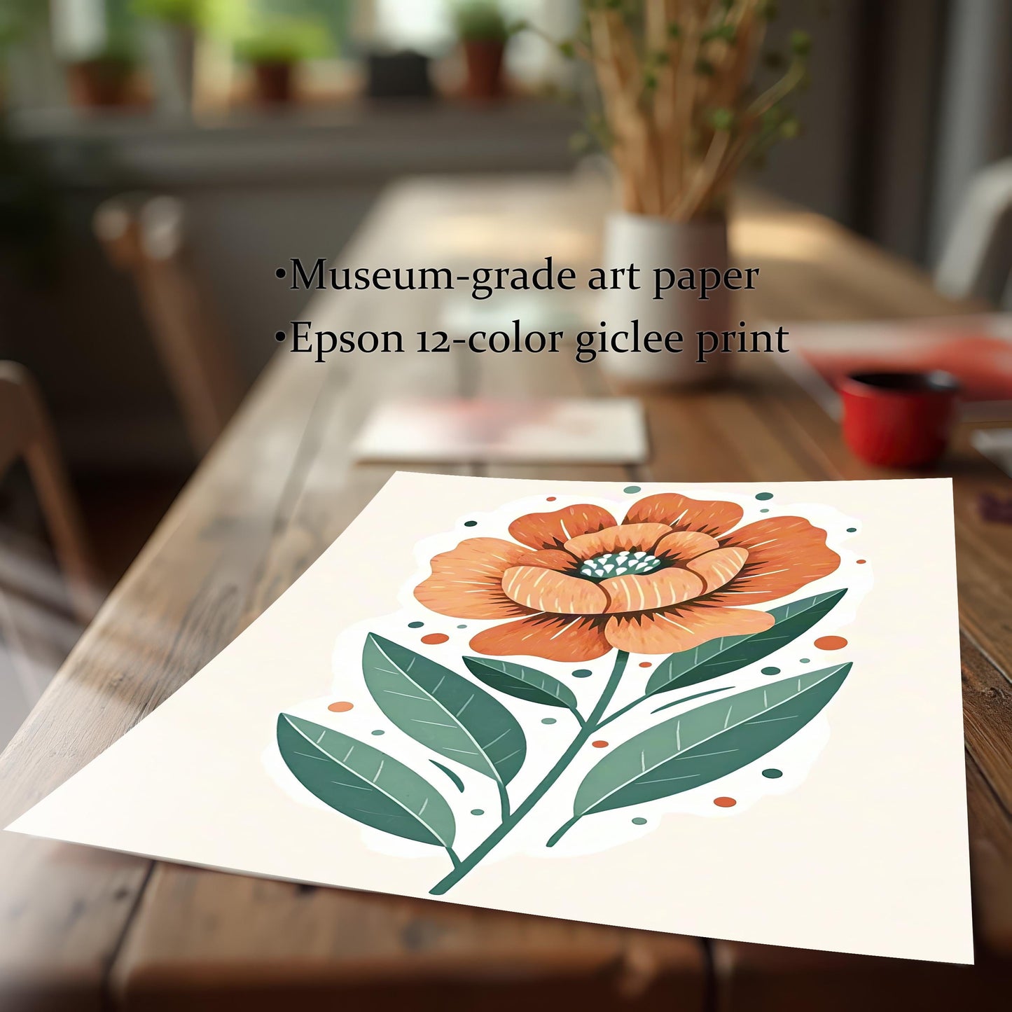 A loose print of a large orange flower, lying on a wooden table, with text describing it as "Museum-grade art paper" and an "Epson 12-color giclee print."