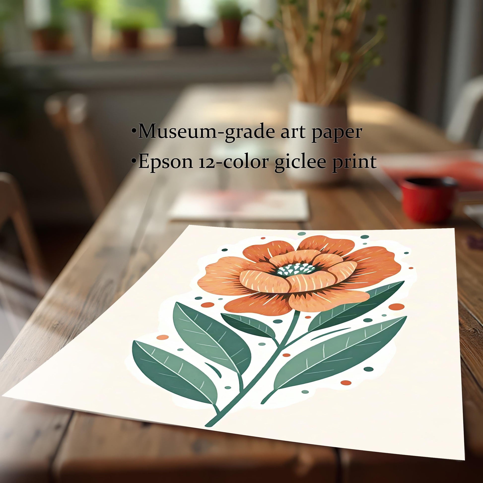A loose print of a large orange flower, lying on a wooden table, with text describing it as "Museum-grade art paper" and an "Epson 12-color giclee print."