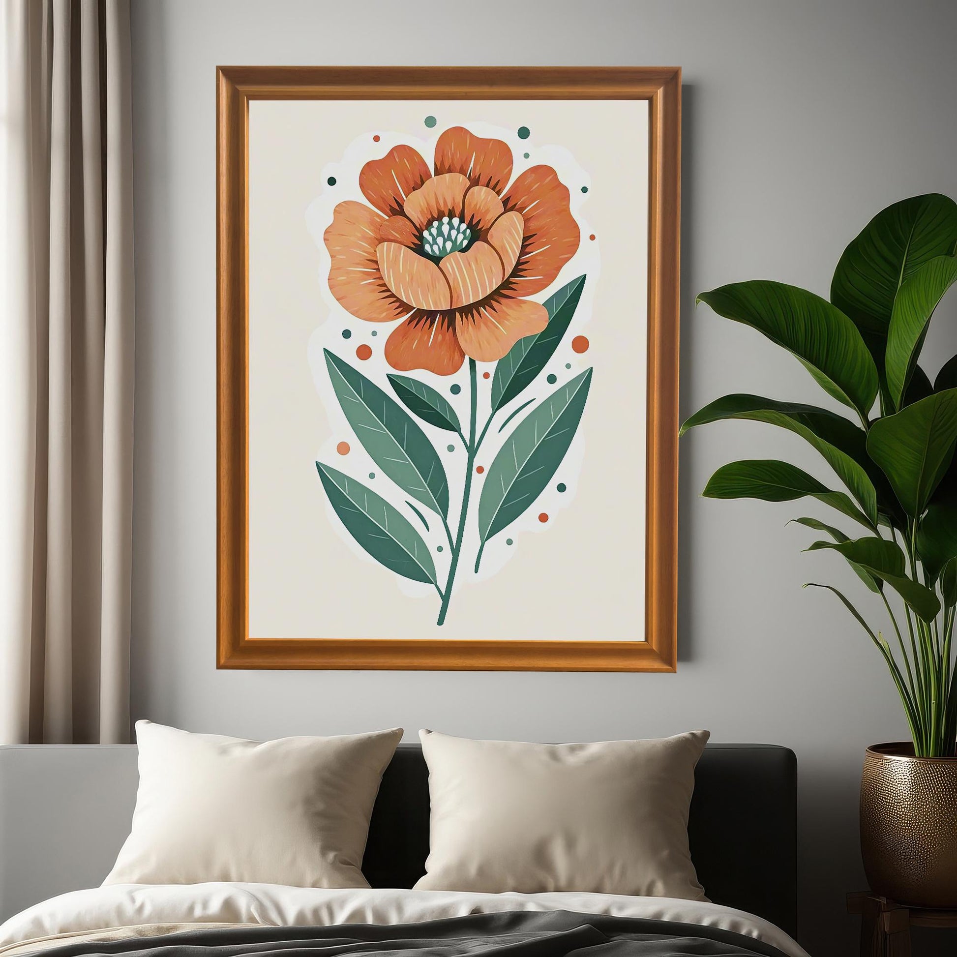 A framed print of an orange flower with green leaves, hanging above a bed with pillows.