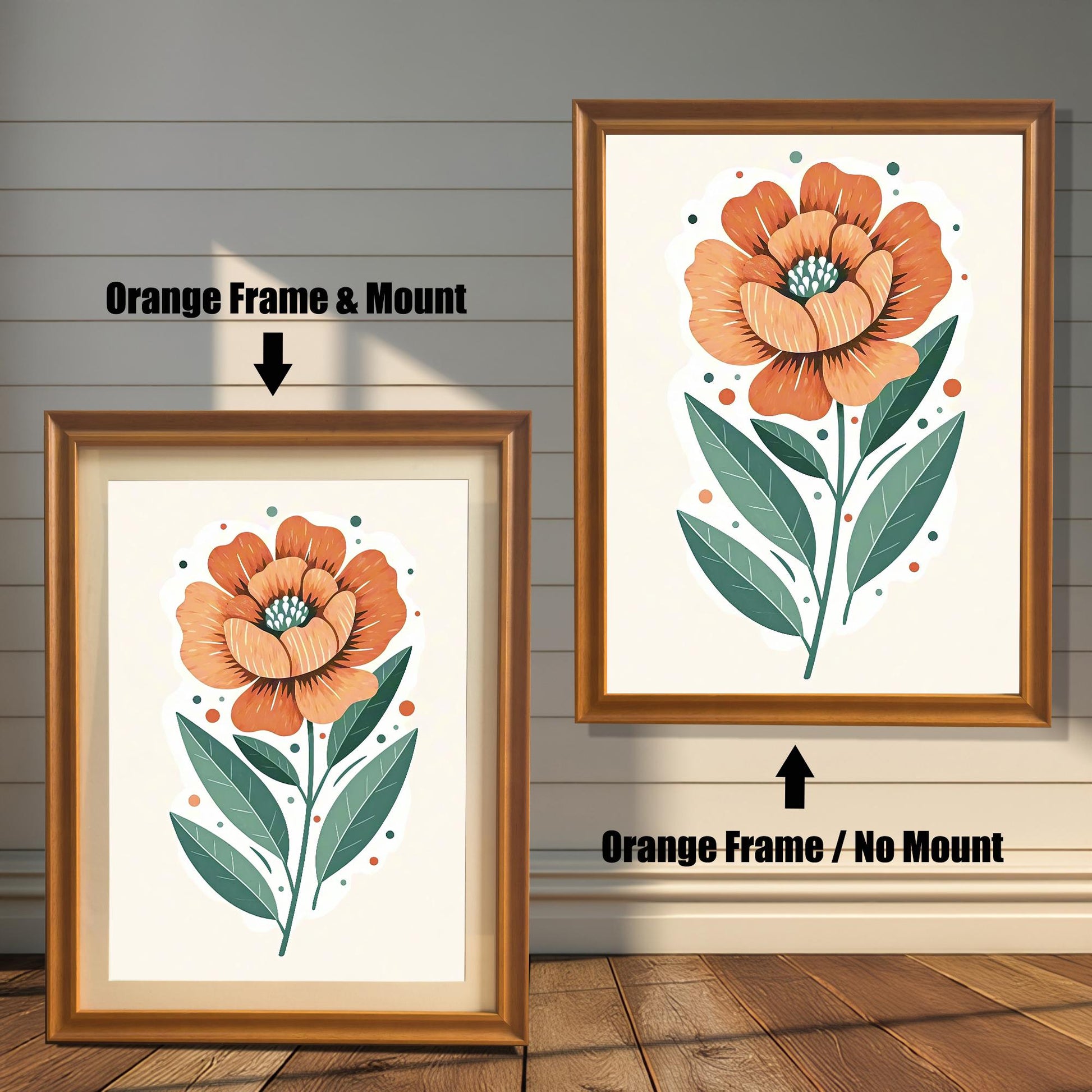 Two framed prints of an orange flower. The print on the left has an orange frame with a mount, and the one on the right has an orange frame with no mount.