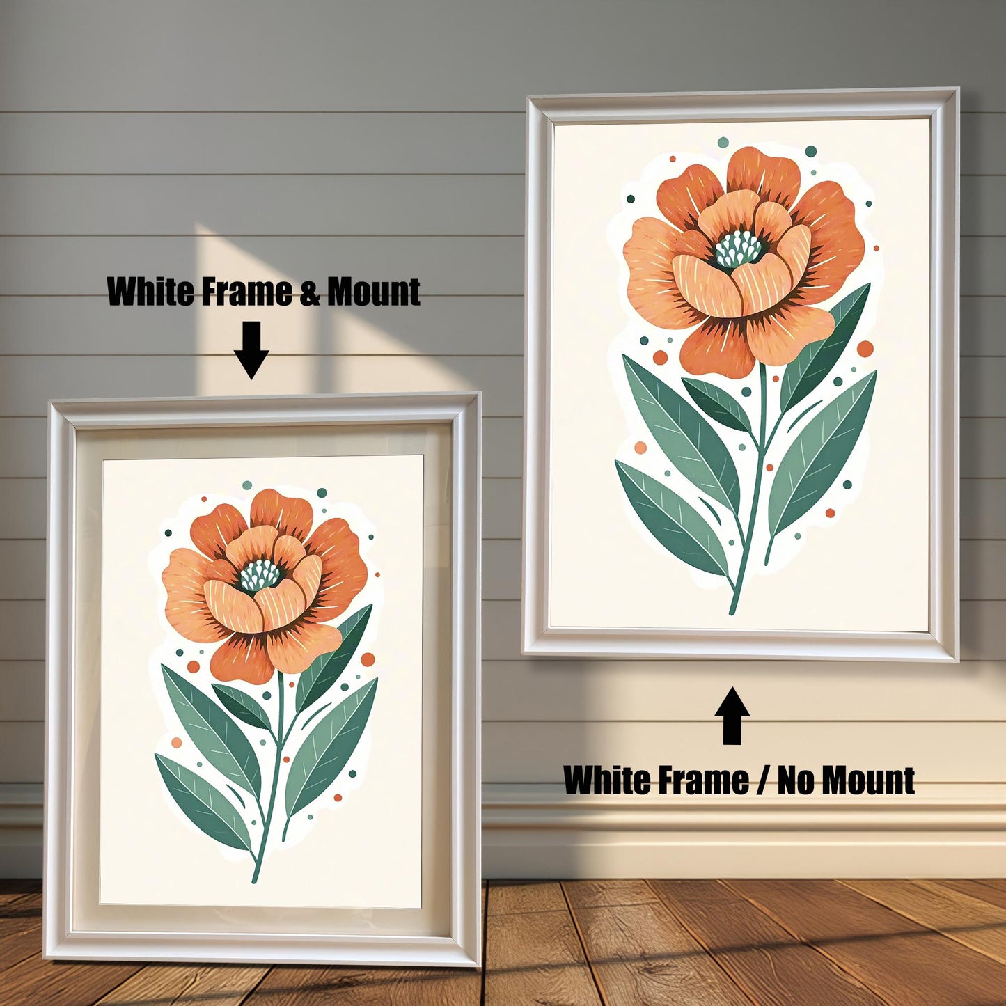 Two framed prints of an orange flower. The print on the left has a white frame with a mount, and the one on the right has a white frame with no mount.