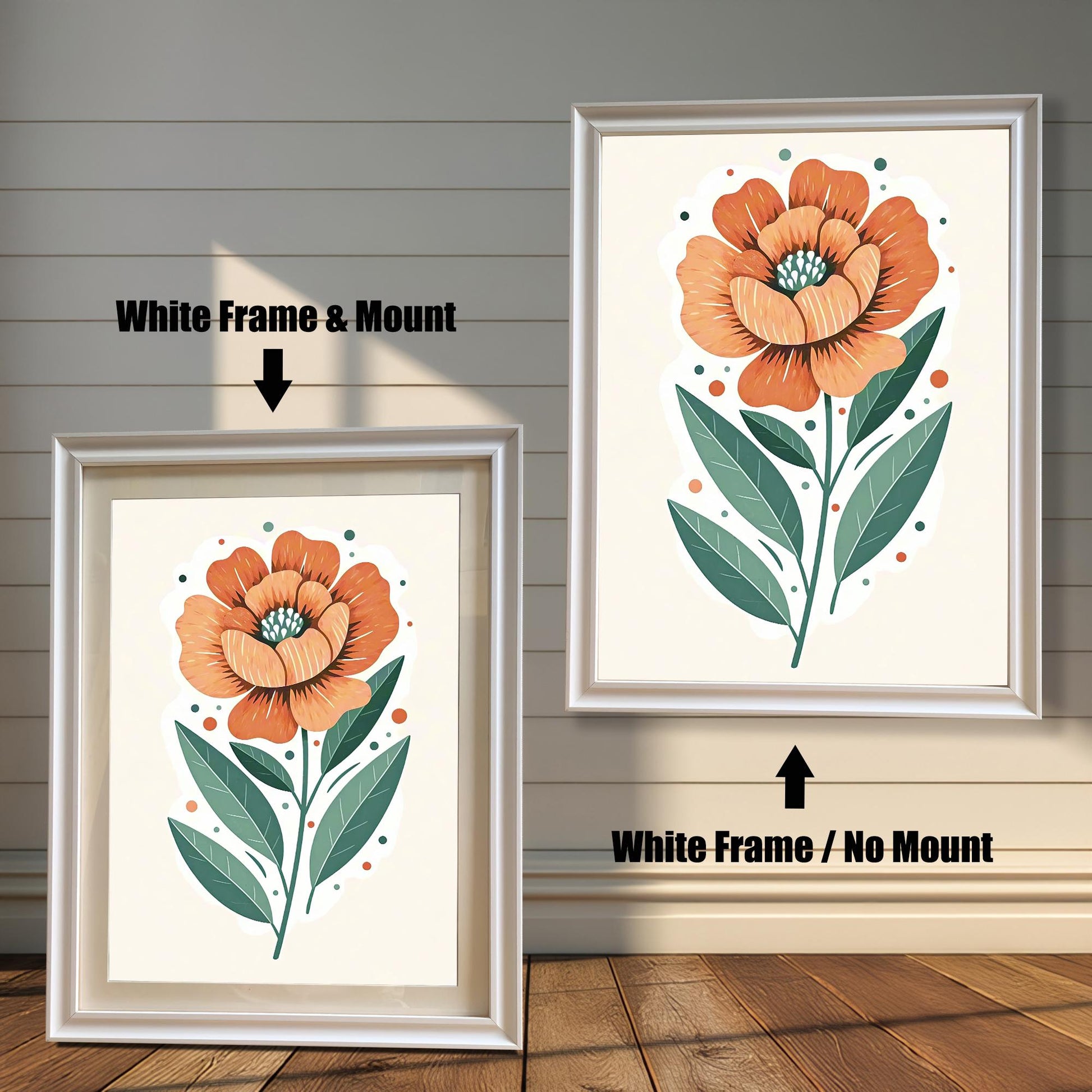 Two framed prints of an orange flower. The print on the left has a white frame with a mount, and the one on the right has a white frame with no mount.