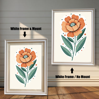 Two framed prints of an orange flower. The print on the left has a white frame with a mount, and the one on the right has a white frame with no mount.