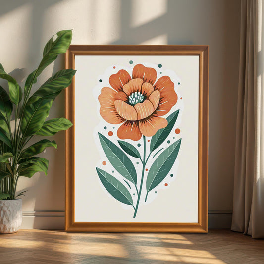 A framed print of a large orange flower with green leaves, leaning against a wall next to a houseplant.
