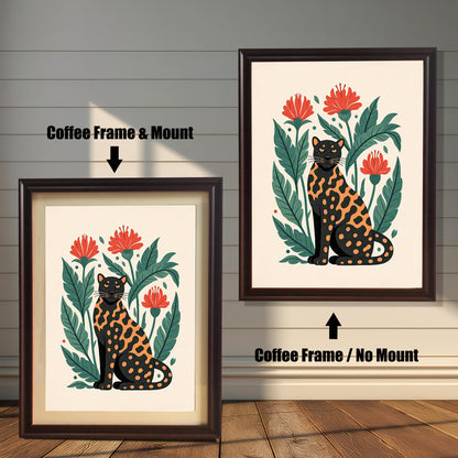 Two framed prints of a black and orange spotted leopard with a 'coffee' colored frame. One has a mount, the other does not, highlighting framing options.
