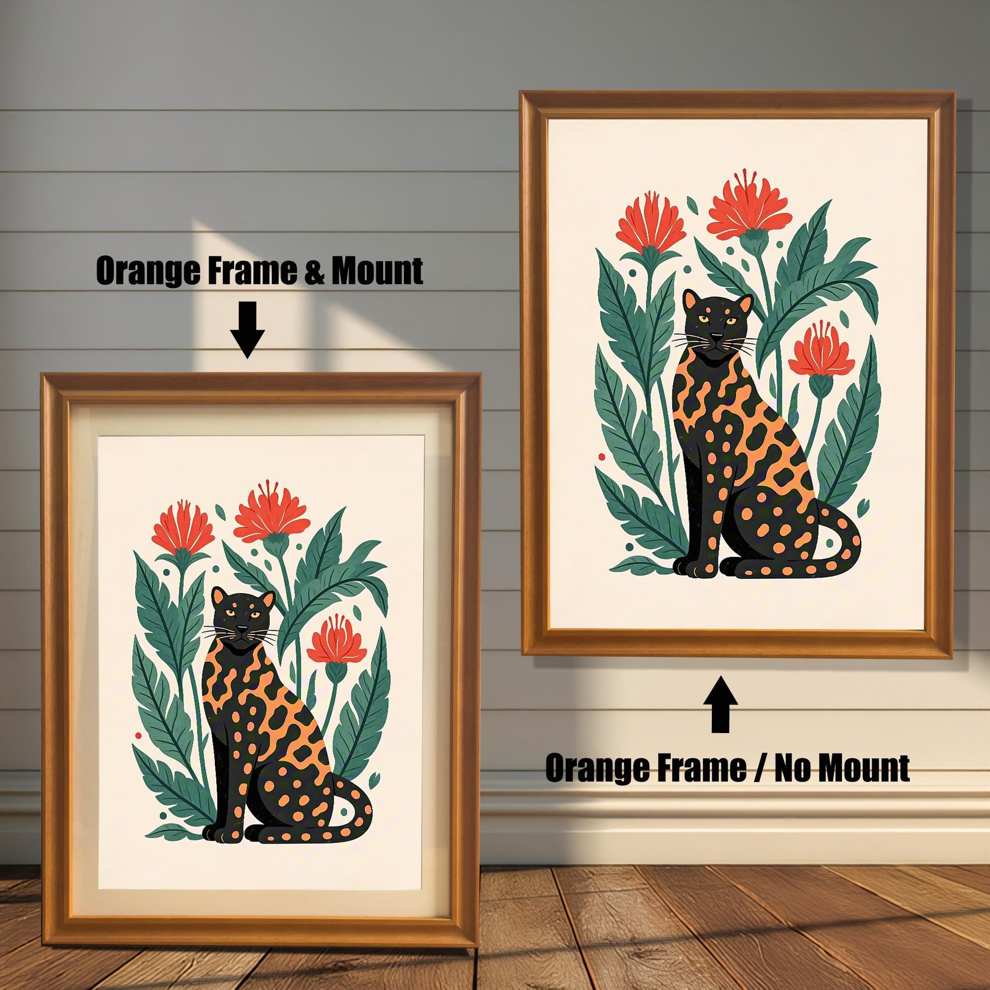 Two framed prints of a black and orange spotted leopard with an orange-colored frame. One has a mount and the other does not, highlighting the framing options.
