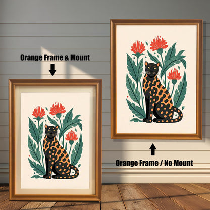 Two framed prints of a black and orange spotted leopard with an orange-colored frame. One has a mount and the other does not, highlighting the framing options.