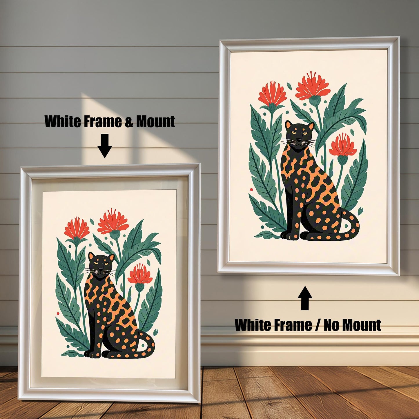 Two framed prints of a black and orange spotted leopard with a white frame. One has a mount and the other does not, highlighting the framing options.