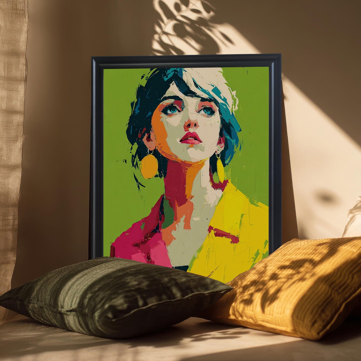A vibrant pop art portrait of a woman with a yellow and pink jacket is shown in a black frame, resting on a surface with two pillows in front of a beige background.
