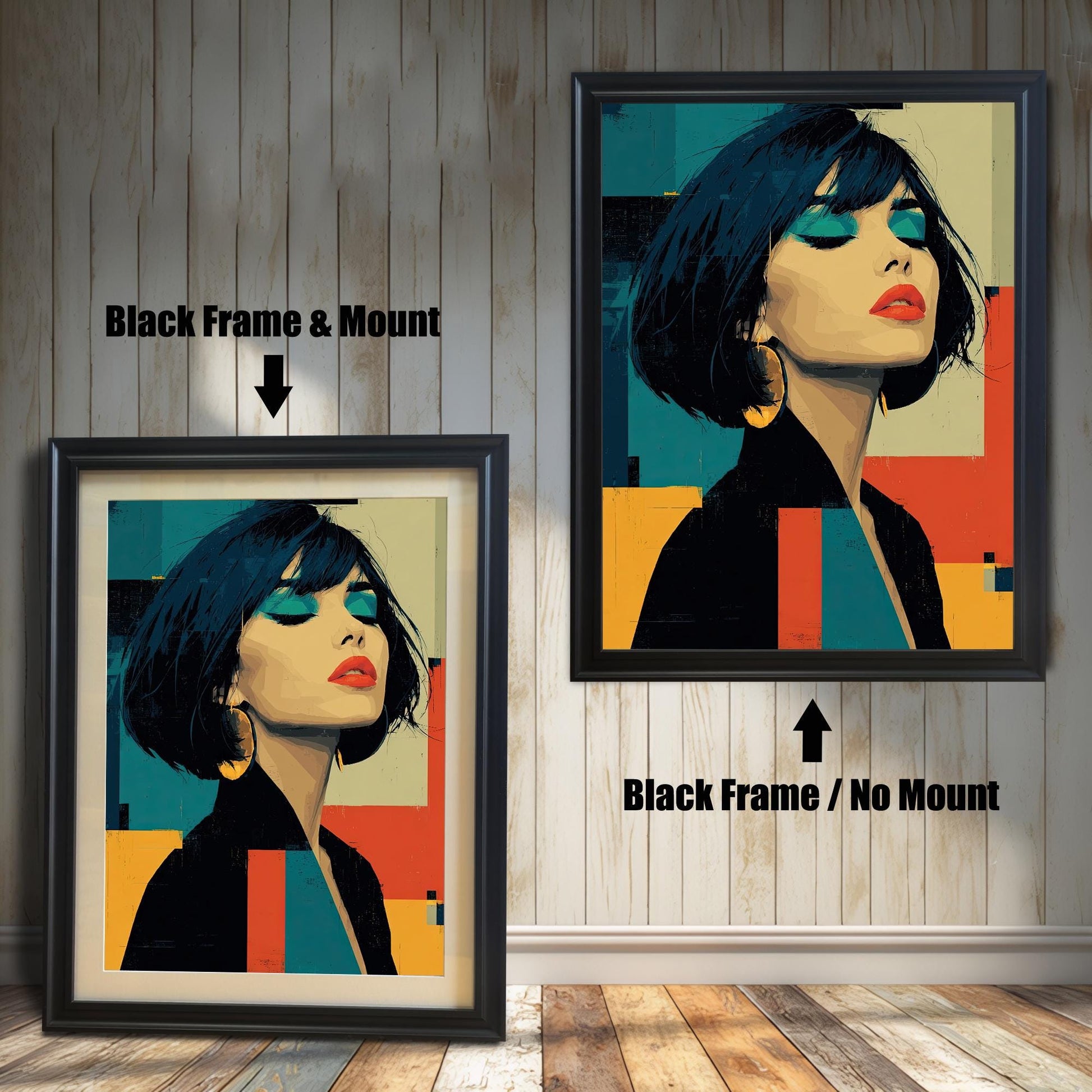 This image shows two framed art prints of a woman in a black jacket. The left print has a white mat and a black frame, and the right has no mat and the same frame.